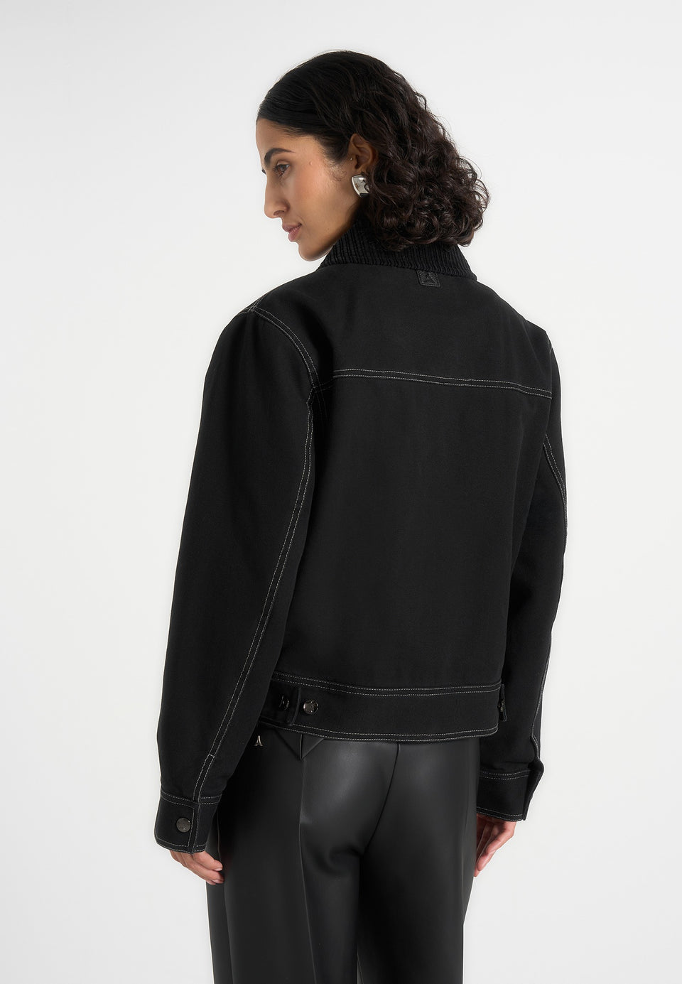 Nino - Unisex Clasp Detail Contrast Stitch Gabardine Jacket - Black