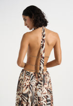 June - Chain Belt Cut-Out Georgette Halter Maxi Dress - Animal