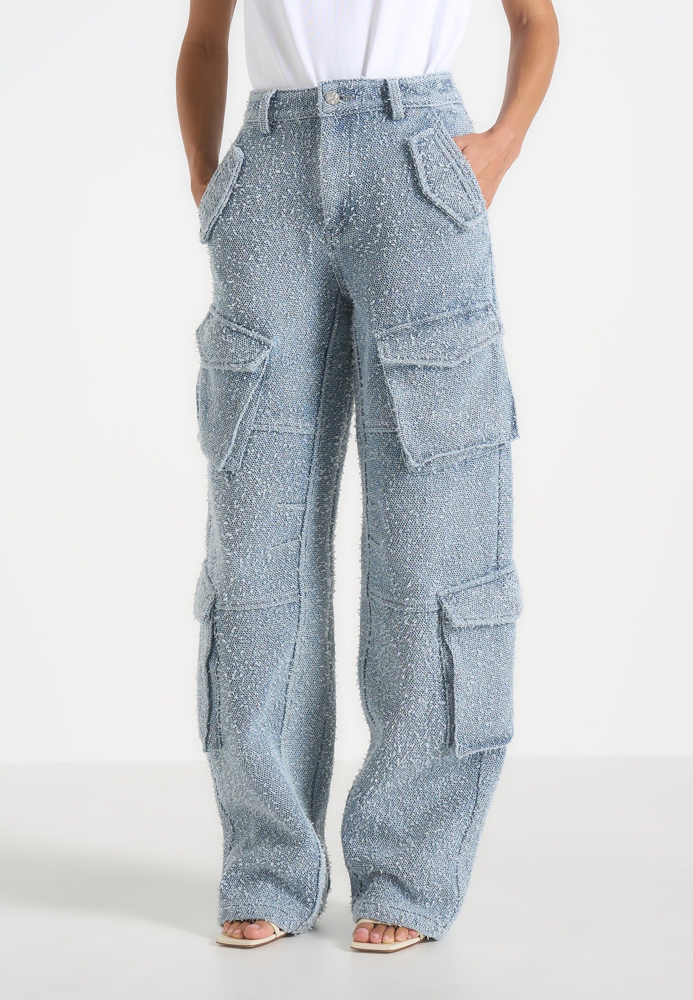 Anne - Denim High Waisted Boucle Cargo Pants - Mid Blue 