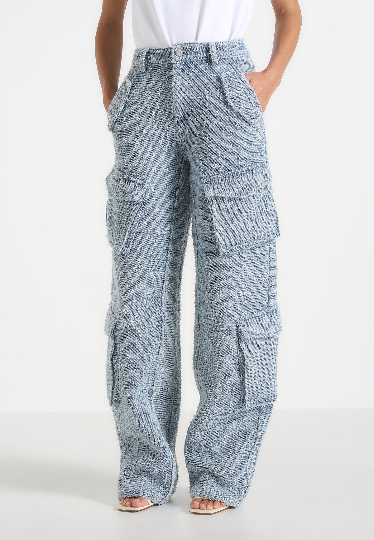 Anne - Denim High Waisted Boucle Cargo Pants - Mid Blue