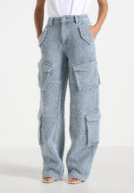 Anne - Denim High Waisted Boucle Cargo Pants - Mid Blue