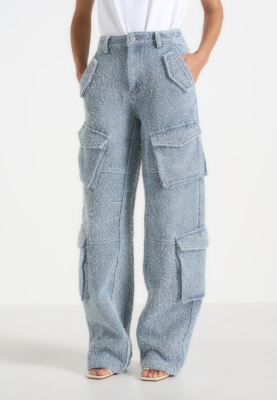 Anne - Denim High Waisted Boucle Cargo Pants - Mid Blue