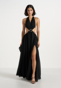 June - Chain Belt Cut-Out Georgette Halter Maxi Dress - Black