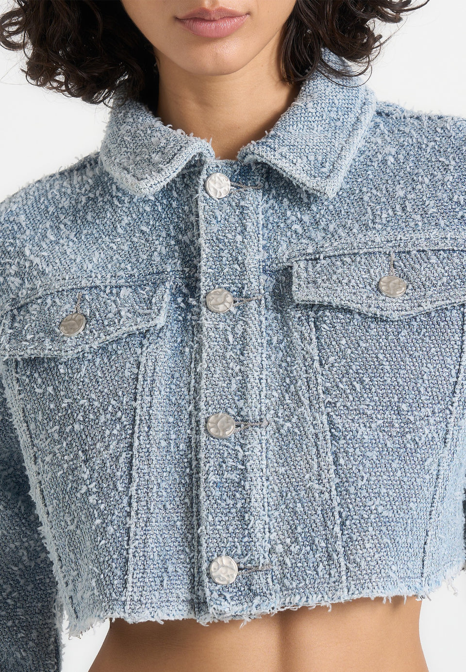 Catherine - Denim Cropped Boucle Jacket - Mid Blue