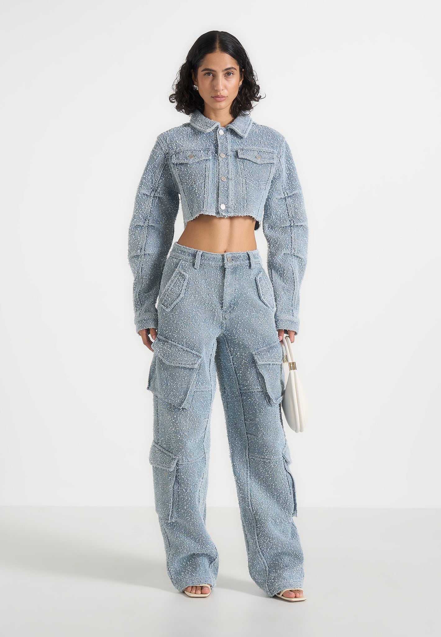 Catherine - Denim Cropped Boucle Jacket - Mid Blue
