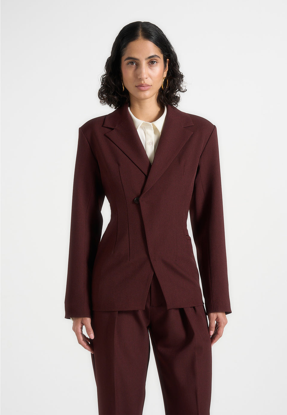 Beatrice - Tailored Cinched Blazer - Wine Red