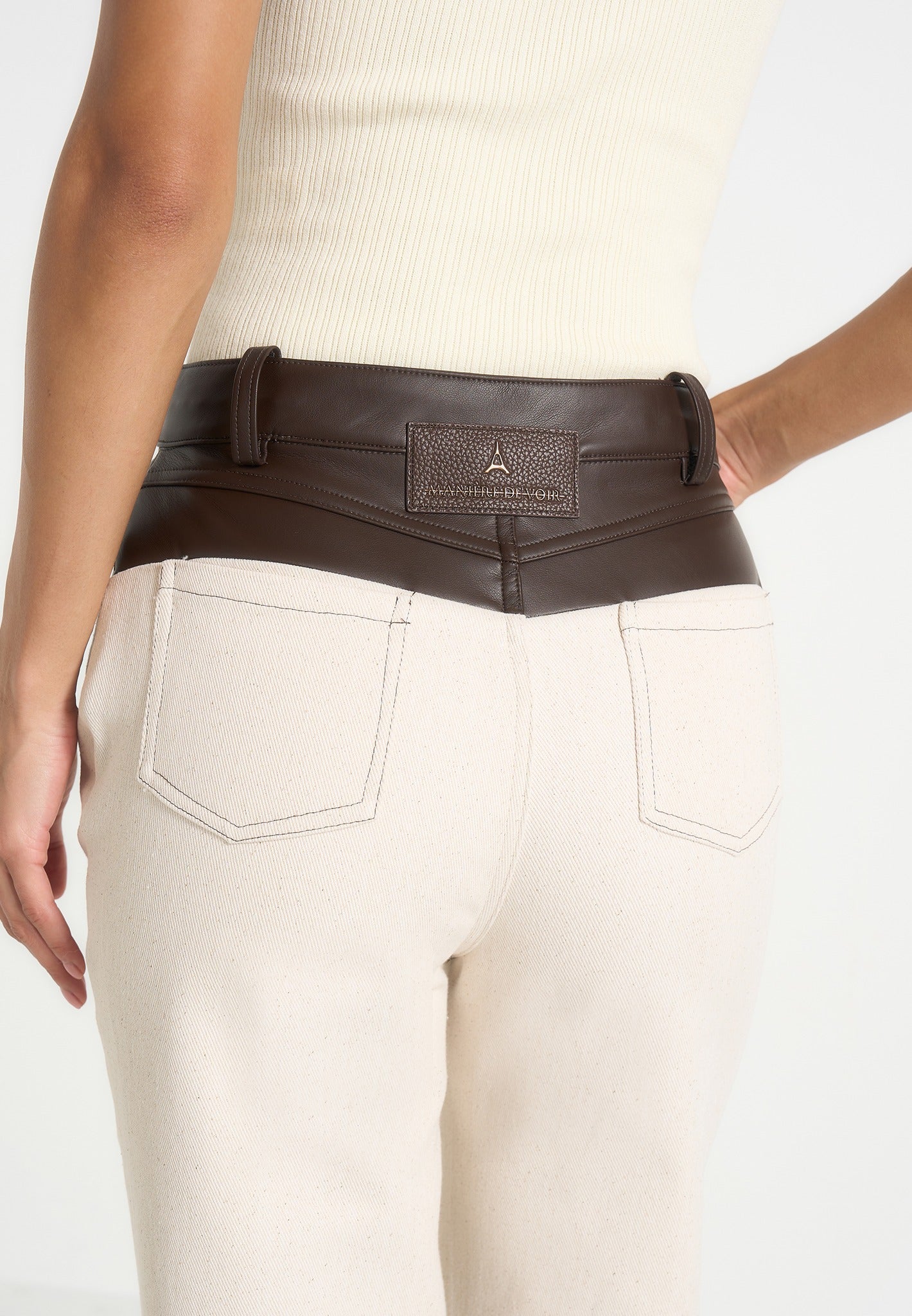 Renee - Denim & Leather Straight Leg Jeans - Cream/Brown