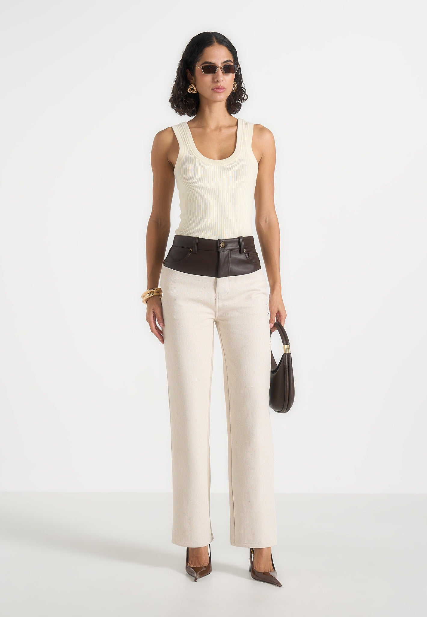 Renee - Denim & Leather Straight Leg Jeans - Cream/Brown 