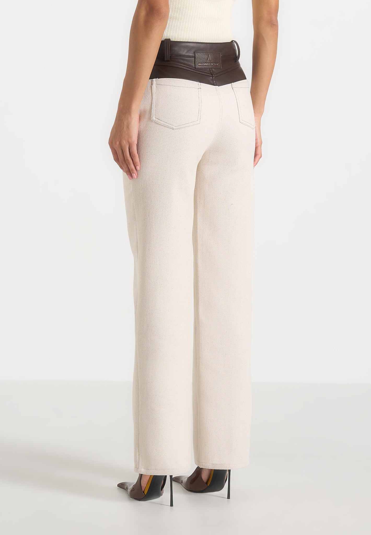 Renee - Denim & Leather Straight Leg Jeans - Cream/Brown