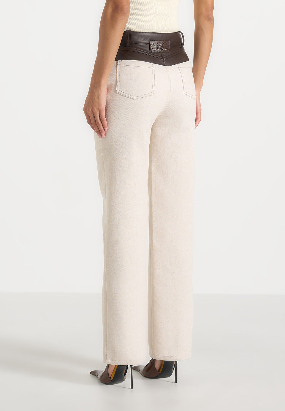 Renee - Denim & Leather Straight Leg Jeans - Cream/Brown