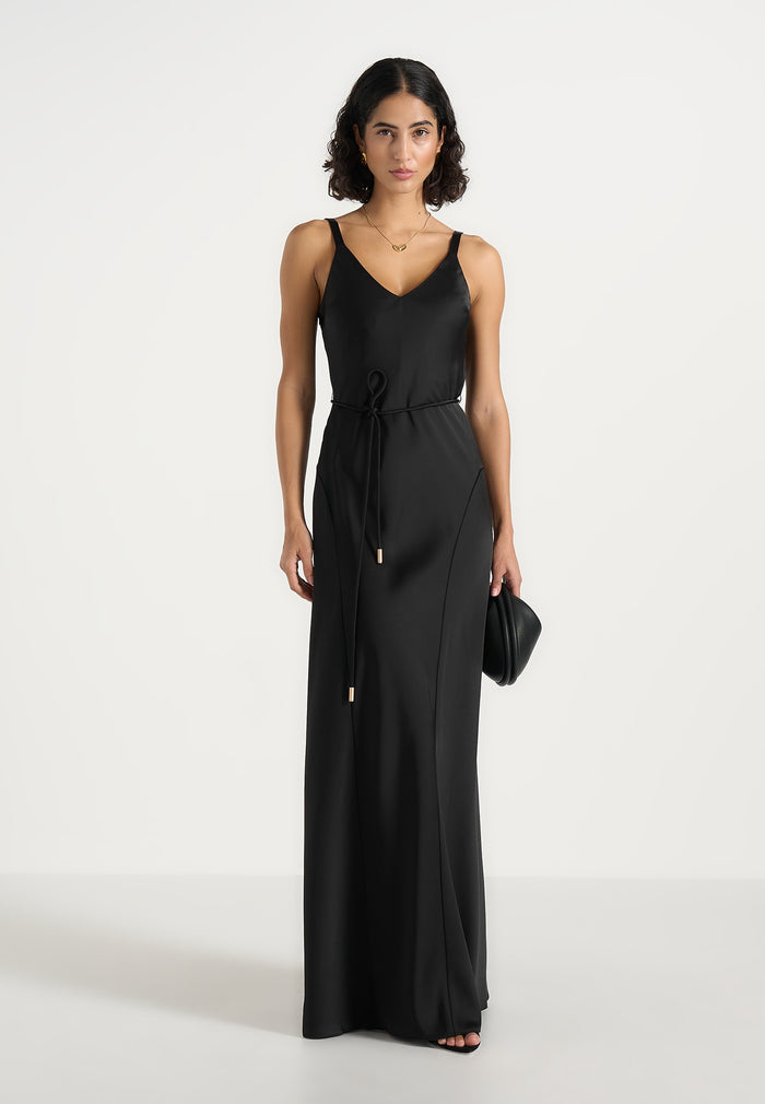 Saffron - Satin Belted Maxi Dress - Black