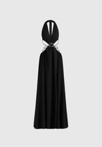 June - Chain Belt Cut-Out Georgette Halter Maxi Dress - Black