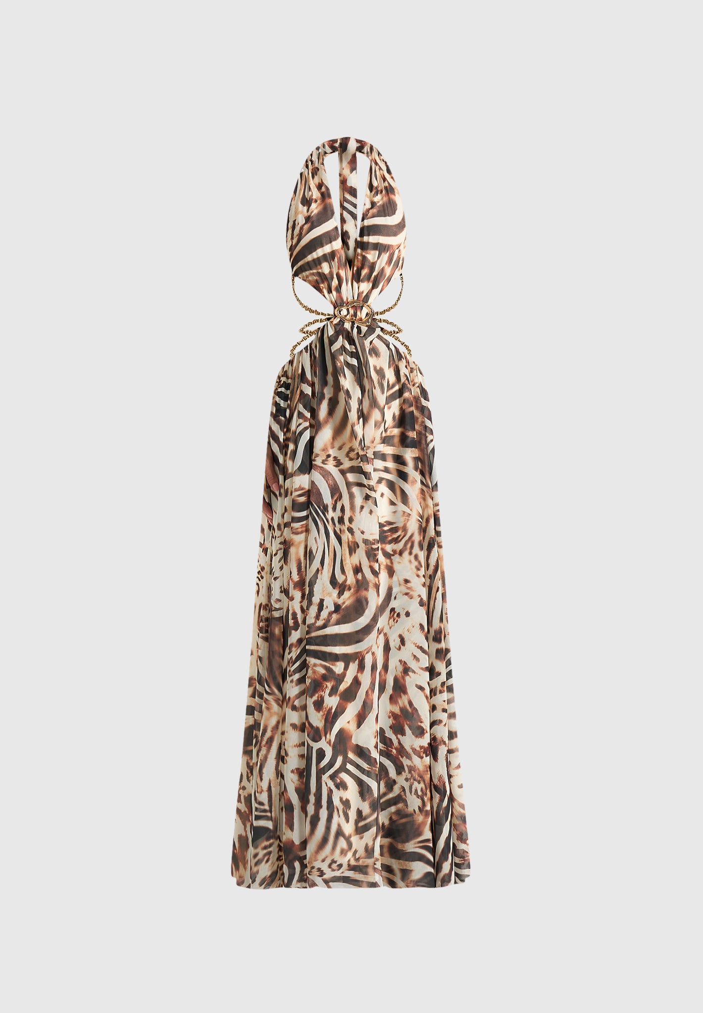 June - Chain Belt Cut-Out Georgette Halter Maxi Dress - Animal