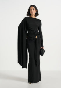 Edena - Asym Ruched Draped Maxi Dress - Black