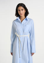 Isa - Belted Pinstripe Cotton Midi Shirt Dress - Pale Blue