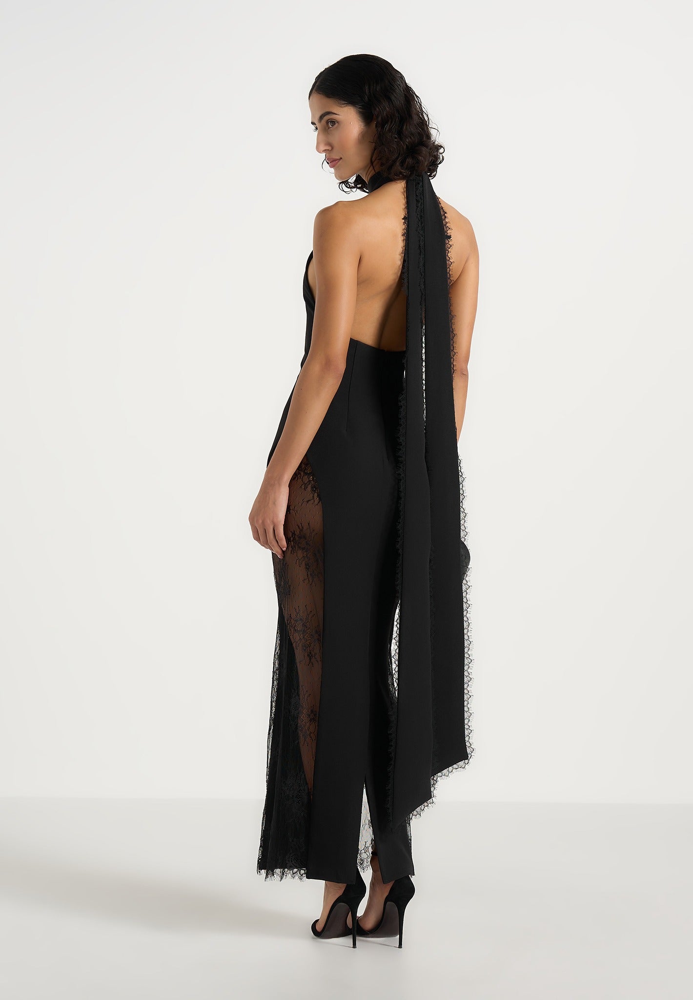 Jessica - Contour Lace Halter Drape Neck Maxi Dress - Black 