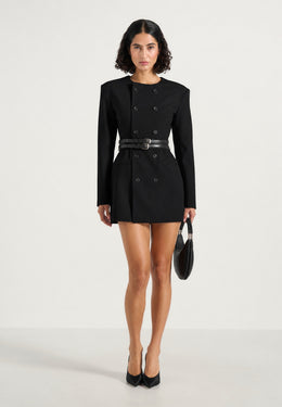 Sierra - Double Breasted Belted Wool-Blend Blazer Dress - Black