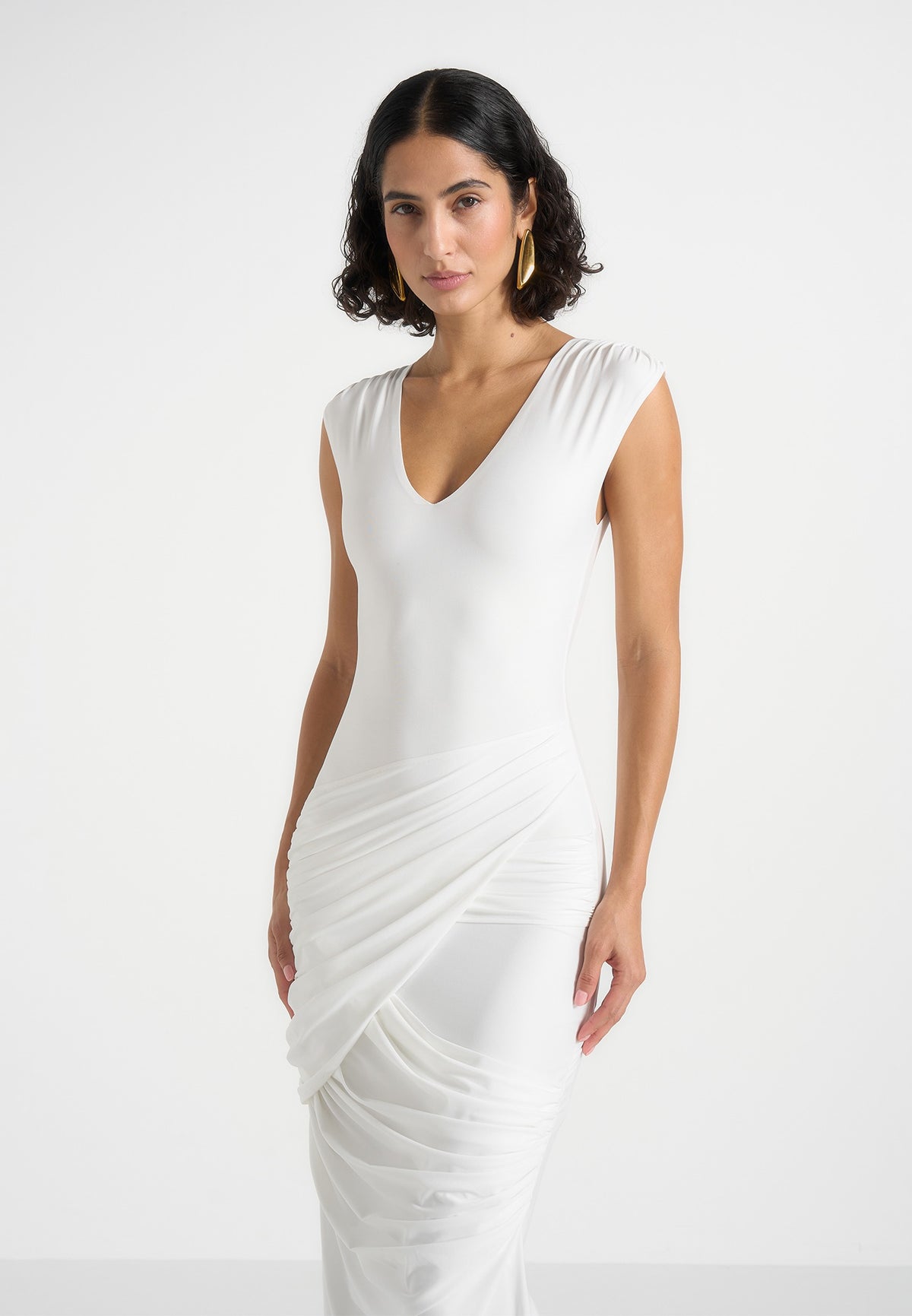 Bridget - V Neck Asym Ruched Maxi Dress - White
