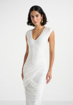 Bridget - V Neck Asym Ruched Maxi Dress - White