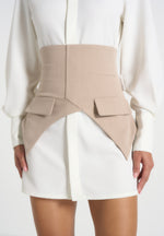 Keira - Corset Overlay Shirt Mini Dress - White/Taupe