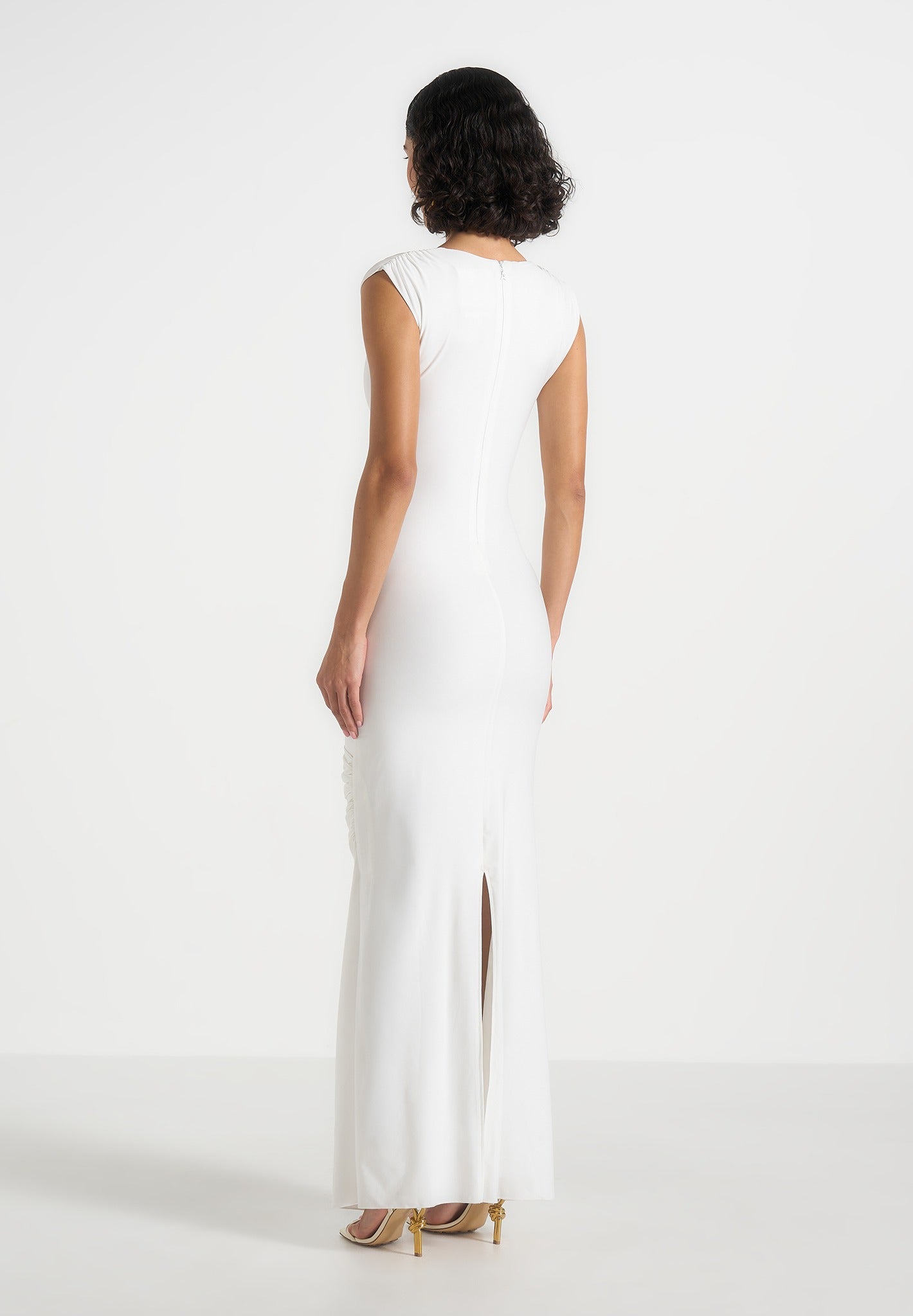 Bridget - V Neck Asym Ruched Maxi Dress - White