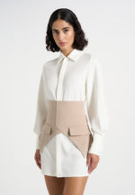 Keira - Corset Overlay Shirt Mini Dress - White/Taupe