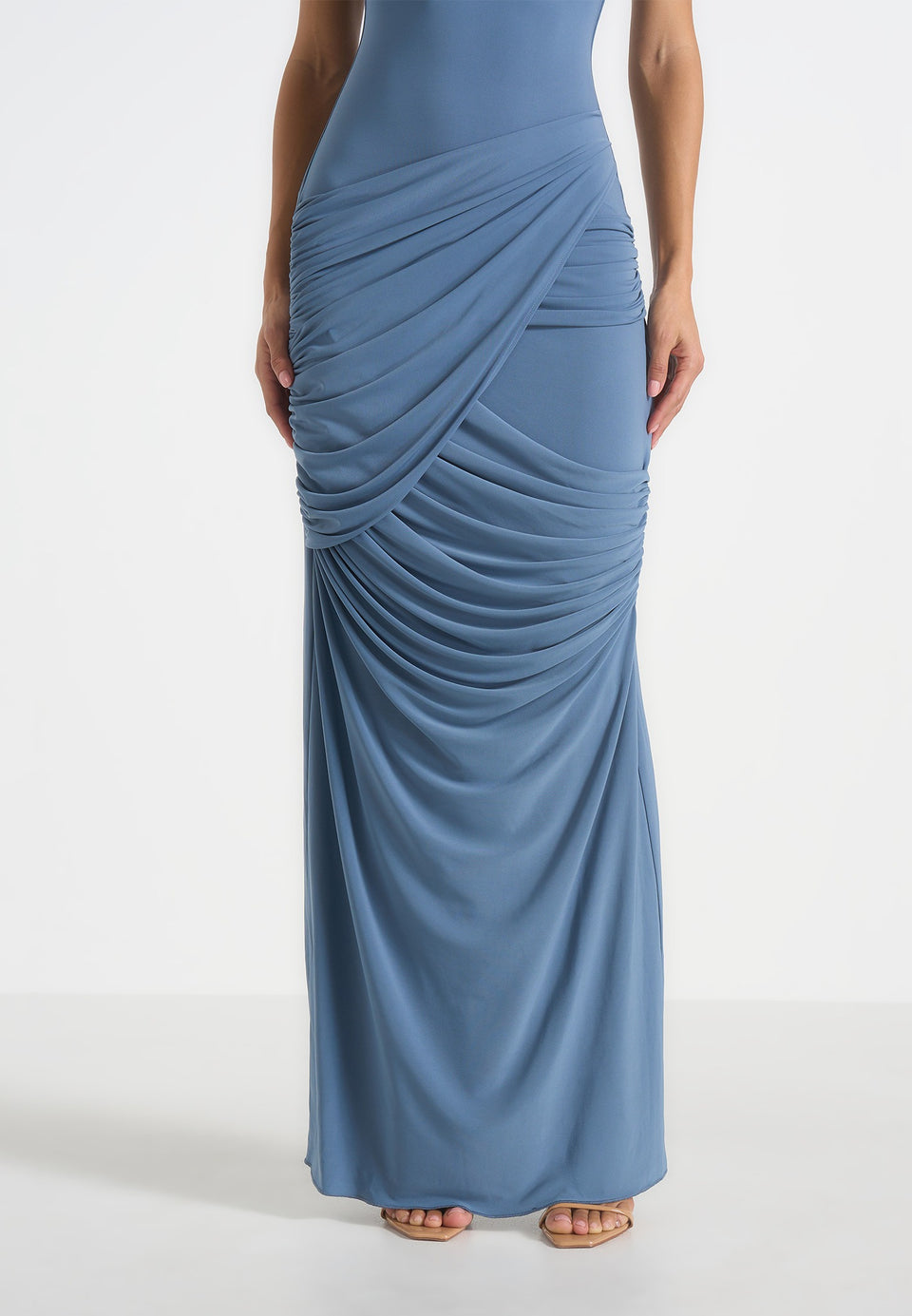 Bridget - V Neck Asym Ruched Maxi Dress - Blue