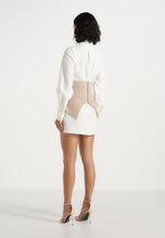 Keira - Corset Overlay Shirt Mini Dress - White/Taupe