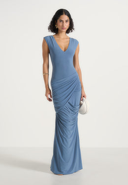 Bridget - V Neck Asym Ruched Maxi Dress - Blue