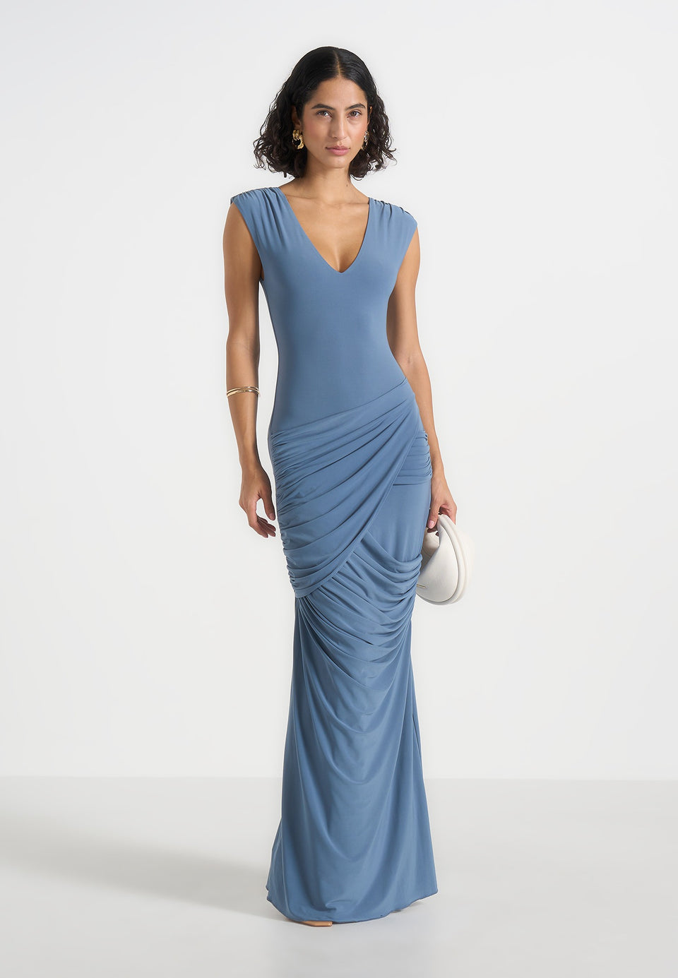Bridget - V Neck Asym Ruched Maxi Dress - Blue