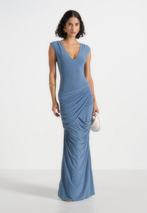 Bridget - V Neck Asym Ruched Maxi Dress - Blue
