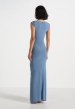 Bridget - V Neck Asym Ruched Maxi Dress - Blue
