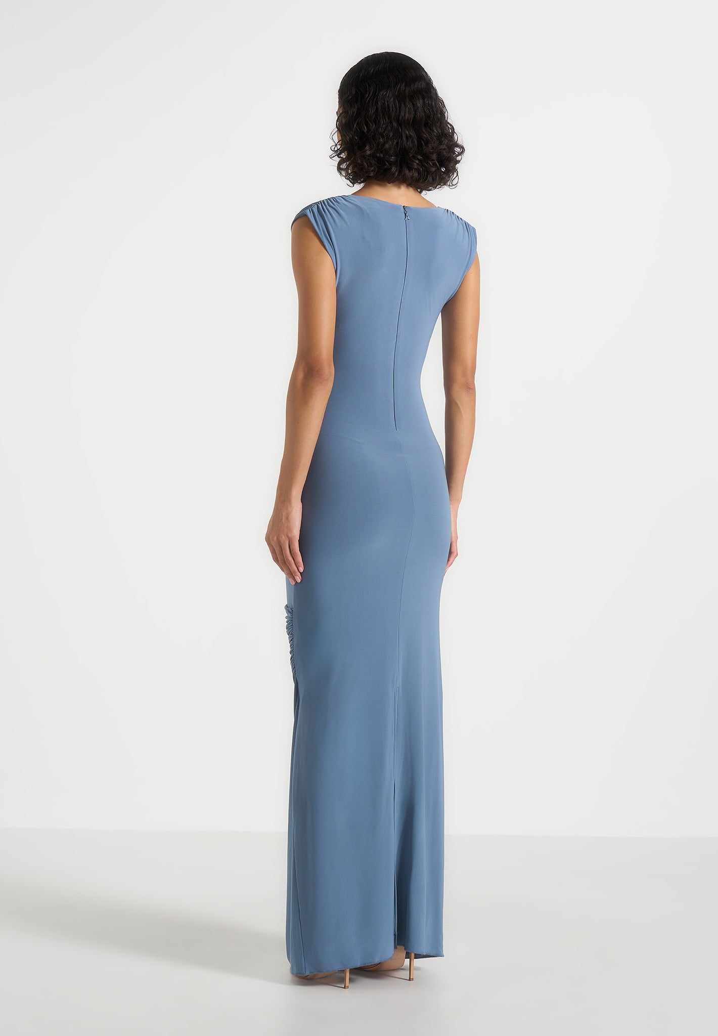 Bridget - V Neck Asym Ruched Maxi Dress - Blue
