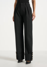 Darlene - Turn Up Detail Tailored Twin Pleat Trousers - Black