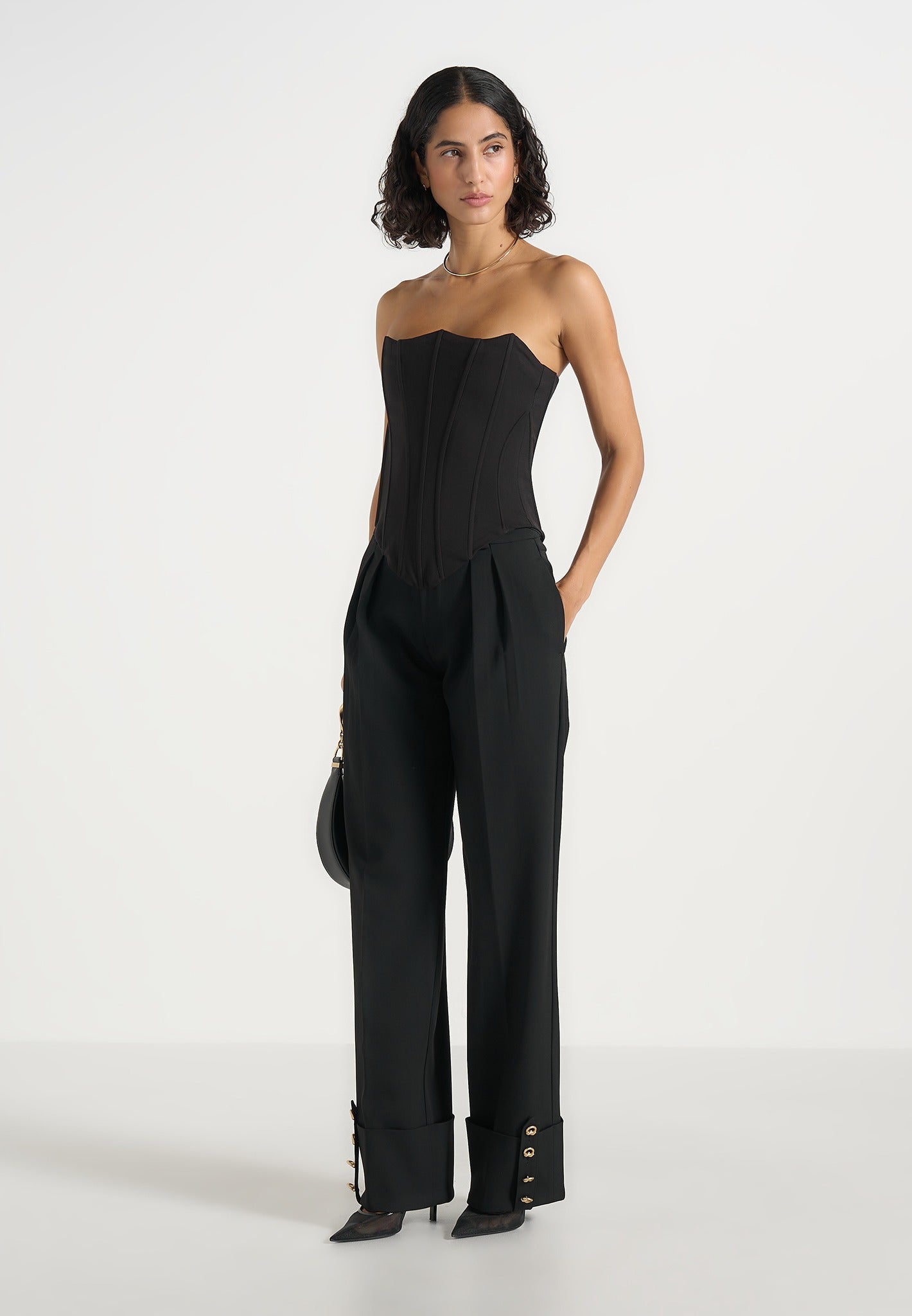 Darlene - Turn Up Detail Tailored Twin Pleat Trousers - Black
