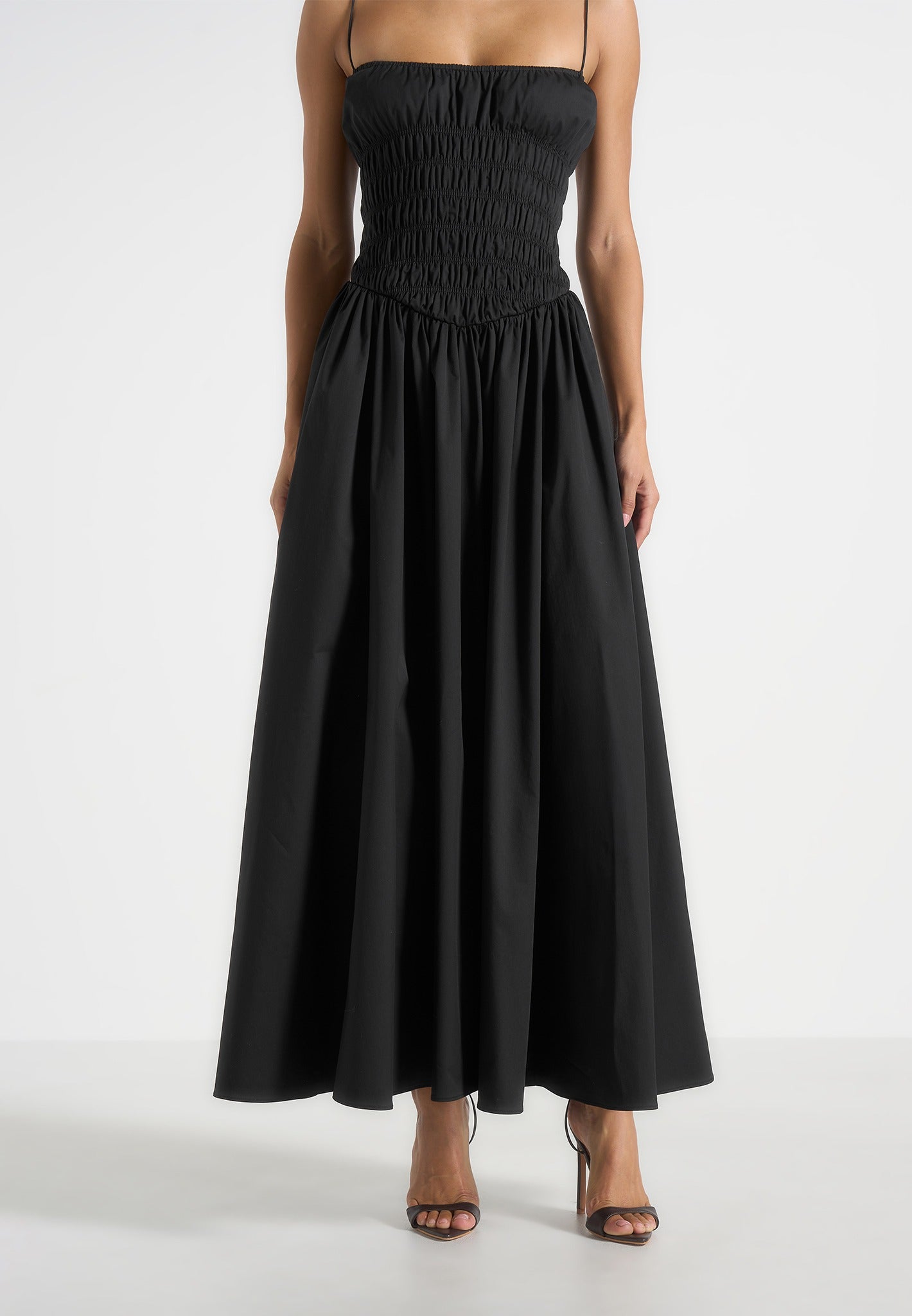 Elva - Smocked Waist Cotton Maxi Dress - Black