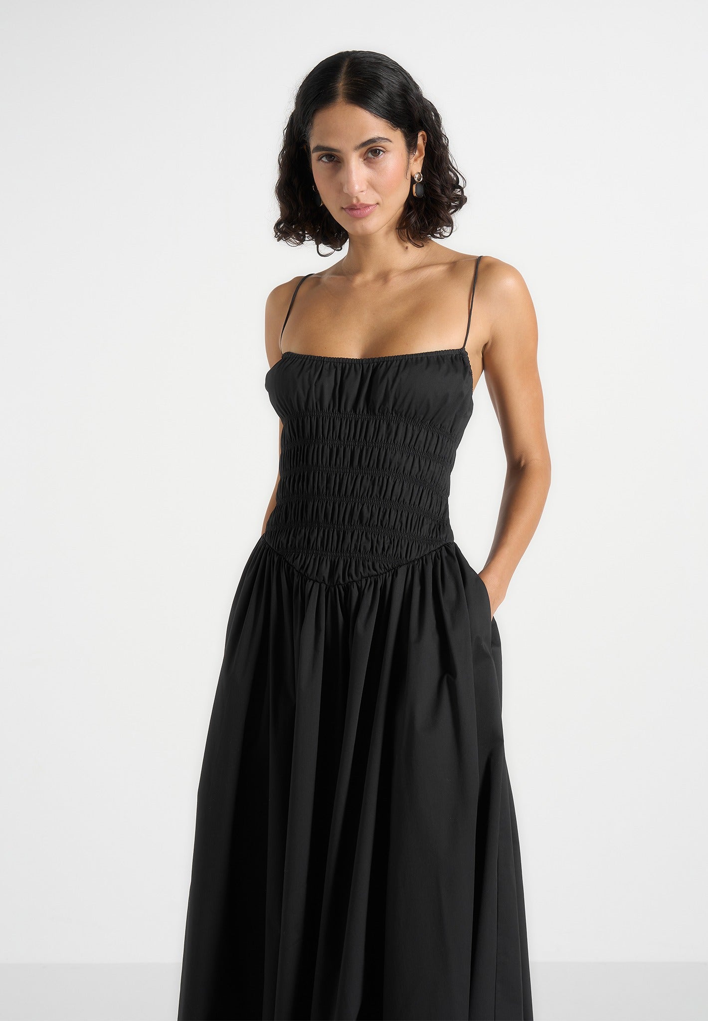 Elva - Smocked Waist Cotton Maxi Dress - Black