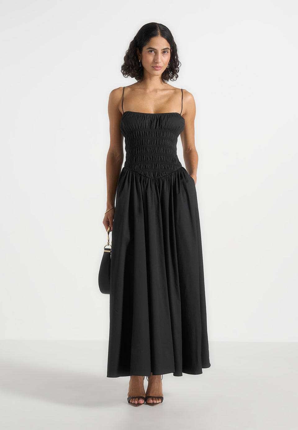 Elva - Smocked Waist Cotton Maxi Dress - Black