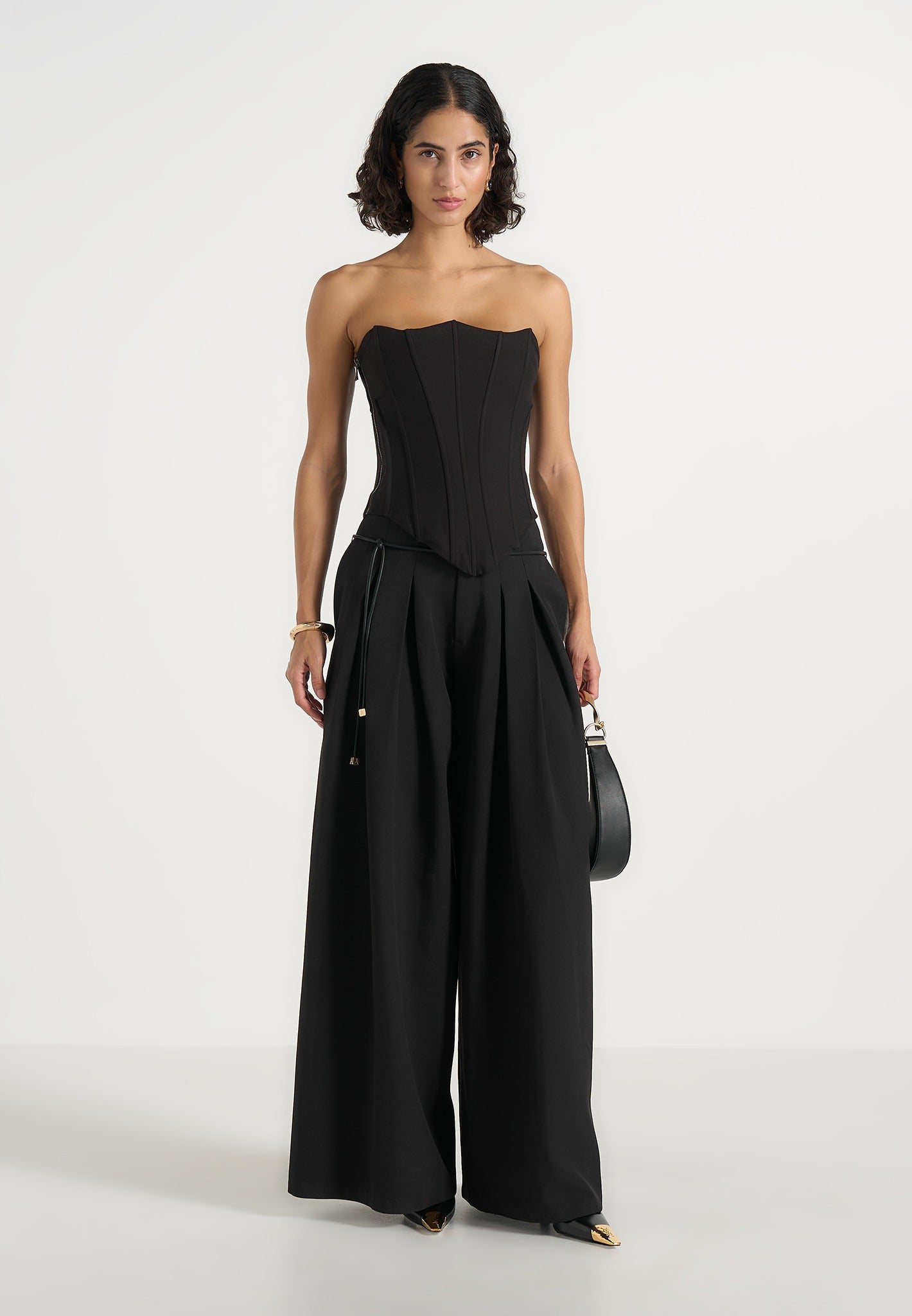 Flora - Box Pleat Wide Leg Belted Trousers - Black