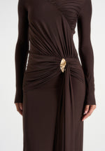 Edena - Asymmetric Ruched Draped Maxi Dress - Brown