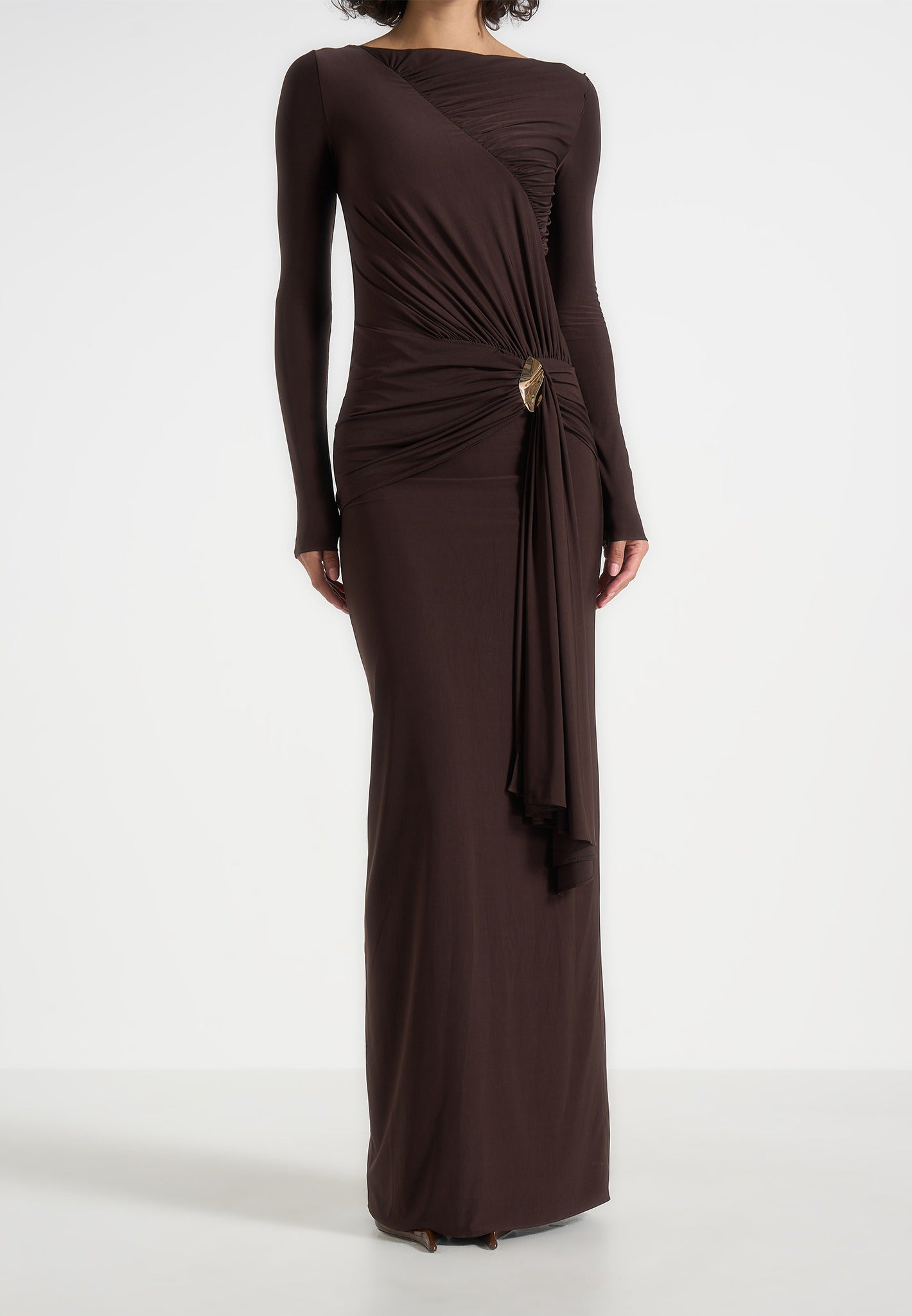 Edena - Asymmetric Ruched Draped Maxi Dress - Brown