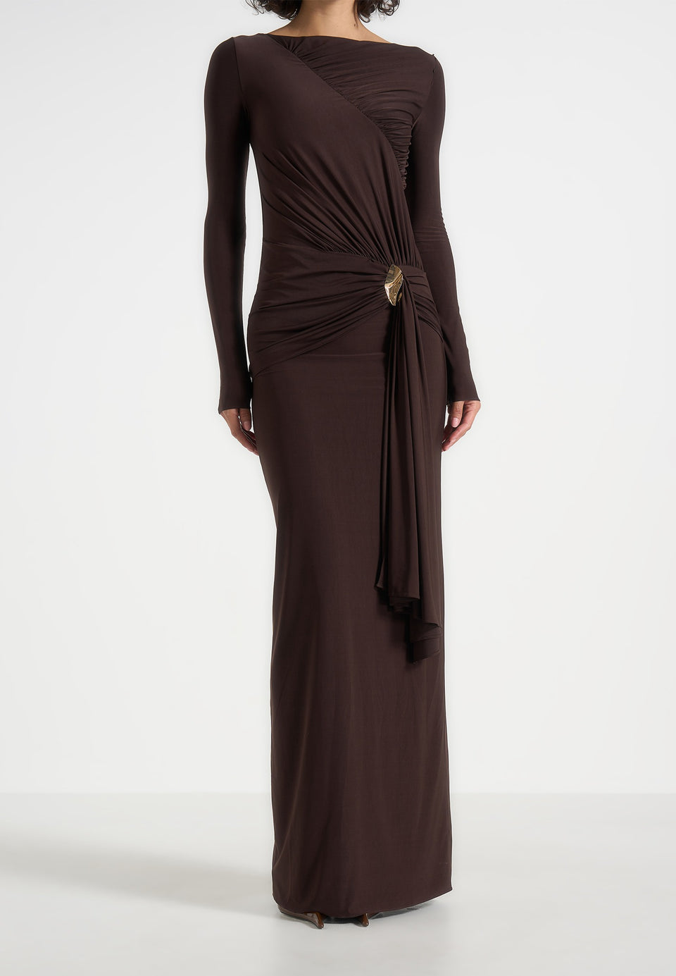 Edena - Asymmetric Ruched Draped Maxi Dress - Brown