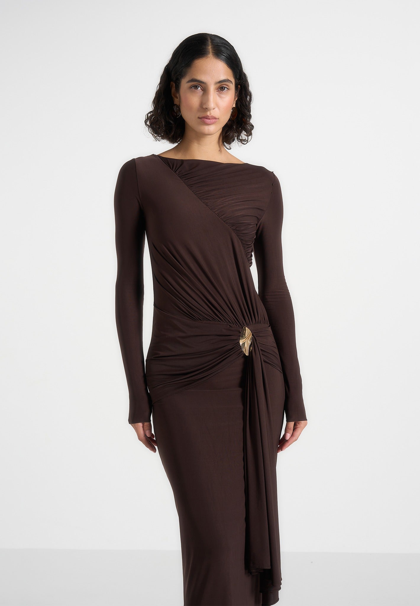Edena - Asymmetric Ruched Draped Maxi Dress - Brown