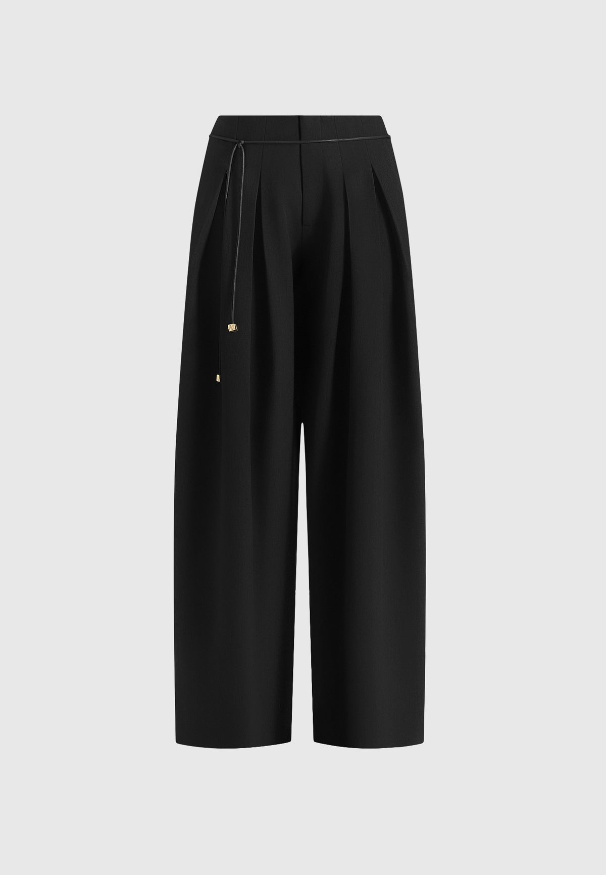 Flora - Box Pleat Wide Leg Belted Trousers - Black