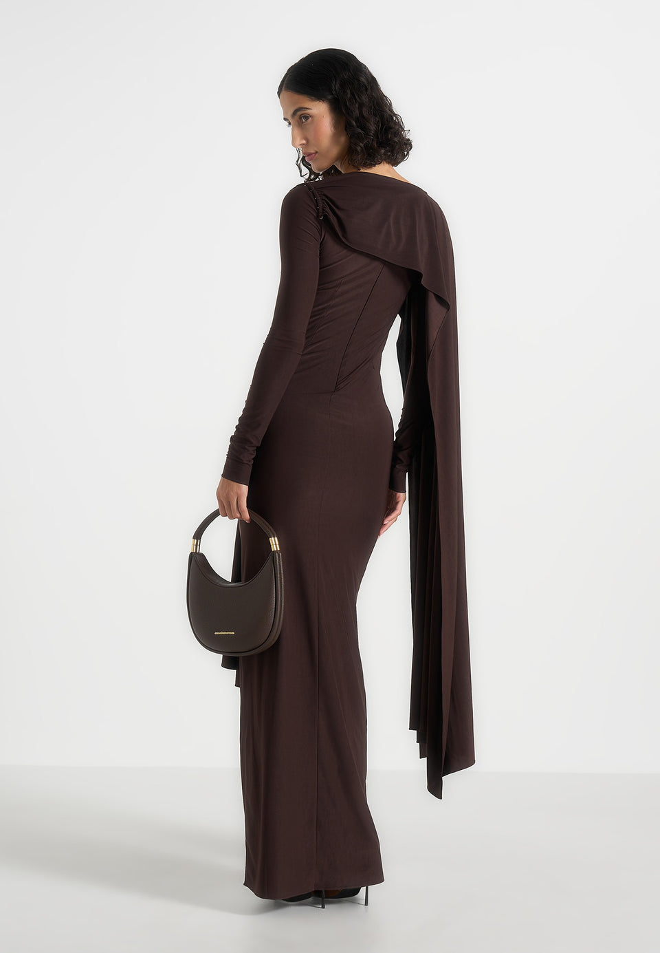 Edena - Asymmetric Ruched Draped Maxi Dress - Brown