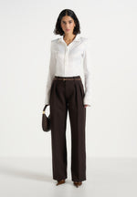 Julie - Tailored Twin Pleat Trousers - Dark Brown