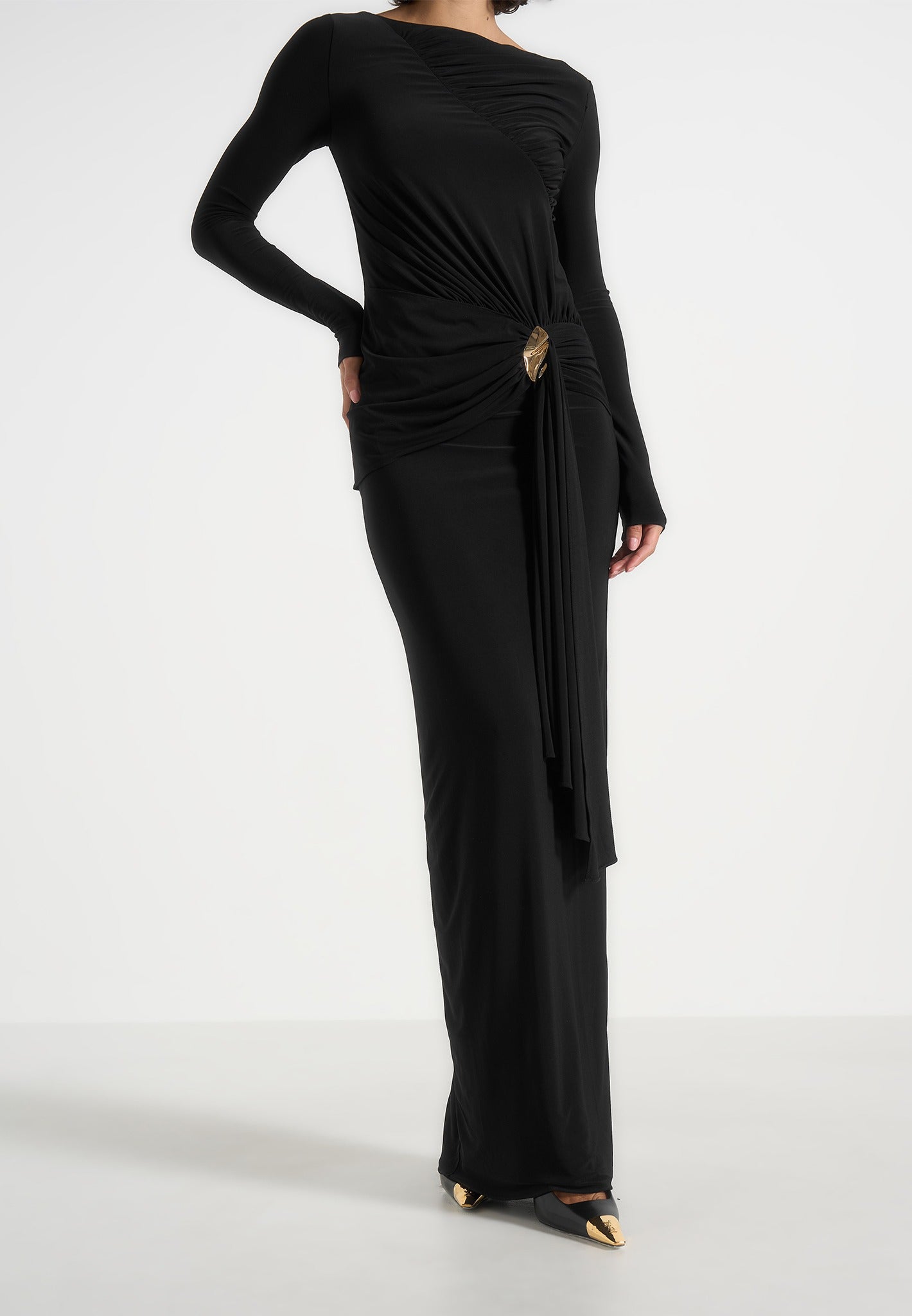 Edena - Asym Ruched Draped Maxi Dress - Black