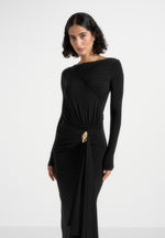 Edena - Asym Ruched Draped Maxi Dress - Black