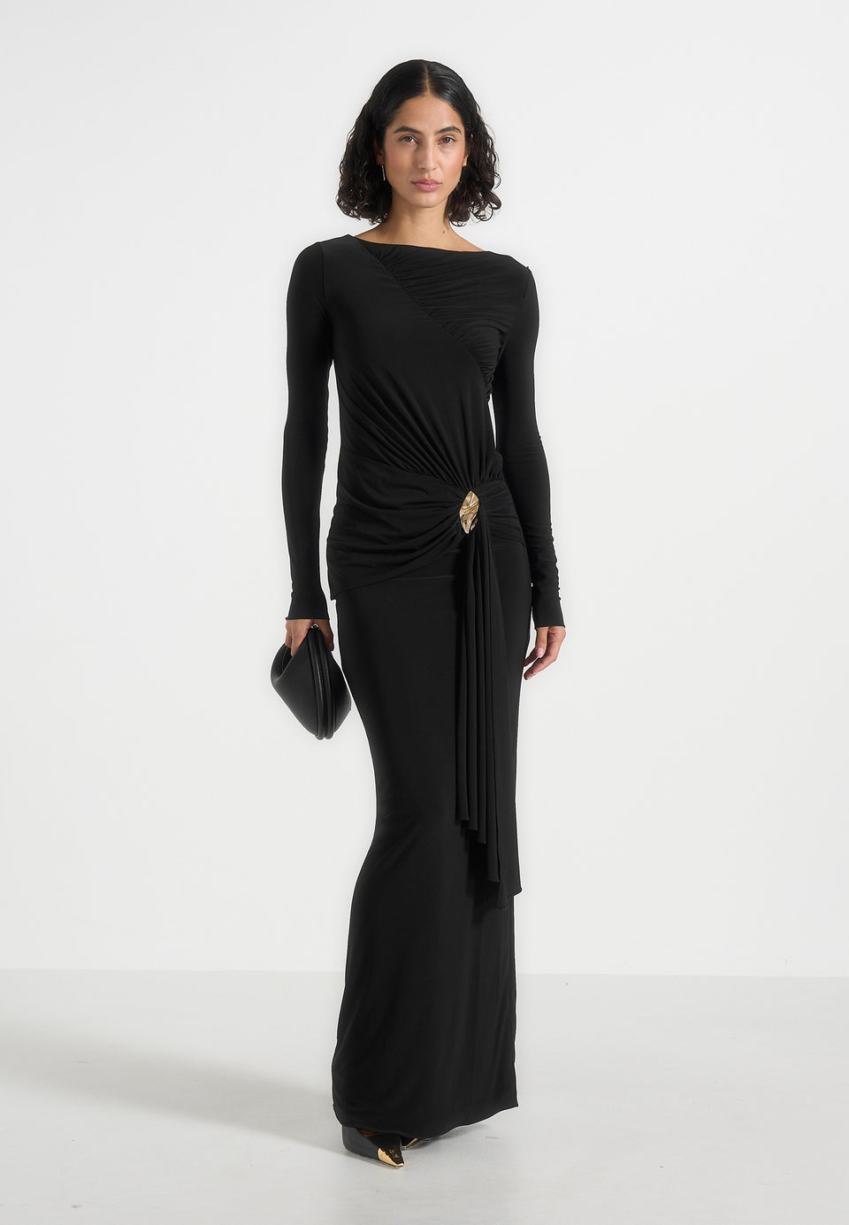 Edena - Asym Ruched Draped Maxi Dress - Black