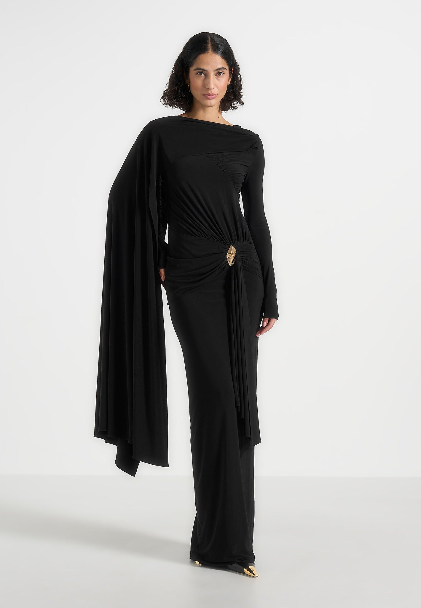 Edena - Asym Ruched Draped Maxi Dress - Black 